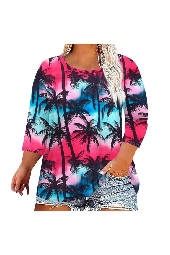 Tropical Palm Tree Print Plus Size Tees for Women Trendy Hawaiian 3/4 Sleeve Round Neck Tshirts Casual Baggy Softy Breathable Tops