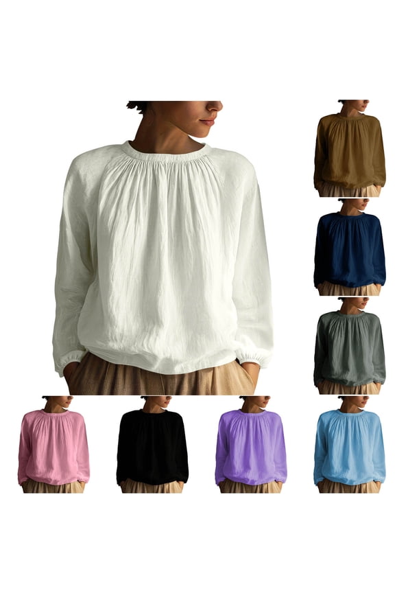 Twill Trendy Long Sleeve Tops for Women Dressy Casual Pleated Round Neck Shirts Pullover Solid Loose Fit Blouse