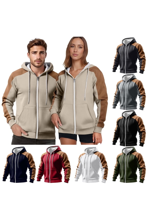 Unisex Color Block Raglan Full Zip Up Hooded Jacket Drawstring Kangaroo Pocket Multi Color Matching Couple Daily Layer Outfits Black S