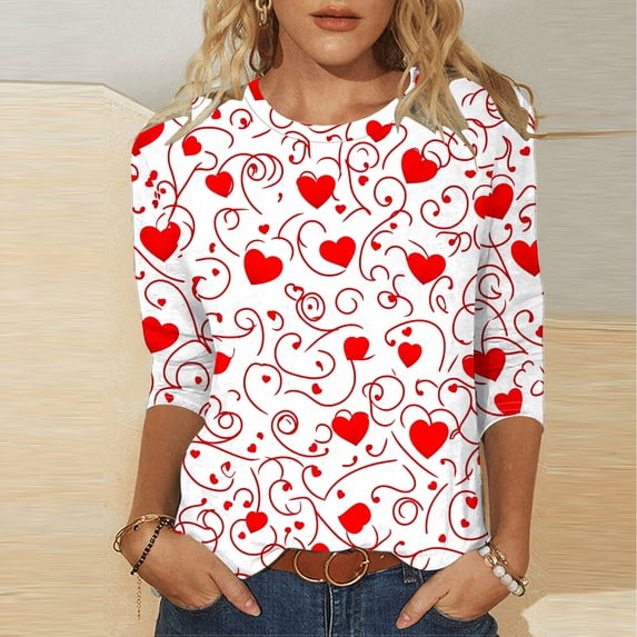 Inverlee Valentine's Day Shirts Women Plus Size Love Heart Graphic Tees Casual 3/4 Sleeve Blouse Round Neck Going Out T-shirt Tops Valentines Day Gifts for Teen Girls