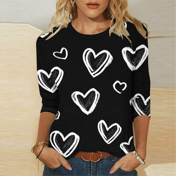 Inverlee Valentines Day Shirts Women Cute Love Heart Print Tees Stretch 3/4 Sleeve Blouse Round Neck Holiday T-shirt Tops Womens Fashion