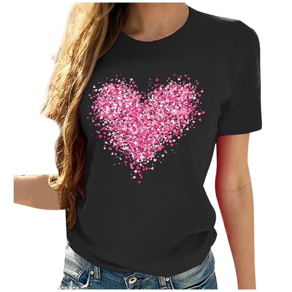 Inverlee Valentines Day Shirts for Women Plus Size Love Heart Graphic Tees Work Short Sleeve Blouse Round Neck Tunic T-shirt Tops Womens Spring Fashion 2025
