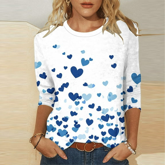 Inverlee Valentines Day Shirts Women Sweet Love Heart Print Tees Trendy 3/4 Sleeve Blouse Crewneck Going Out T-shirt Tops Womens Spring Fashion 2025