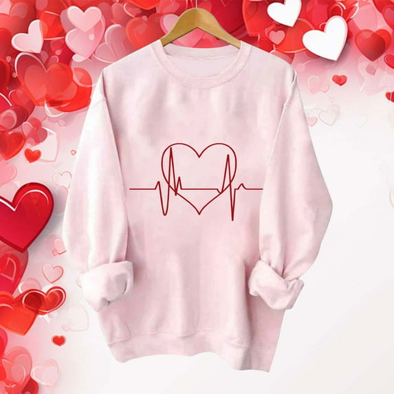 Inverlee Valentines Day Sweatshirt Women Sweet Love Heart Print Sweatshirts Work Pullover Sweater Tops Round Neck Holiday Valentine's Day Gifts