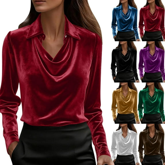 Inverlee Velvet Cowl Neck Tops for Women Elegant Long Sleeve Blouse Trendy Solid Lapel Collar Shirts