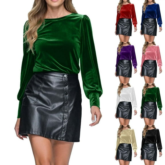 Inverlee Velvet Round Neck Shirts for Women Trendy Lantern Long Sleeve Solid Tops Winter Pleated Casual Blouse