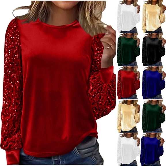 Inverlee Velvet Sequined Patchwork Cuff Long Sleeve Blouse for Women Trendy Round Neck Tops Casual Solid Party Night Club Shirts