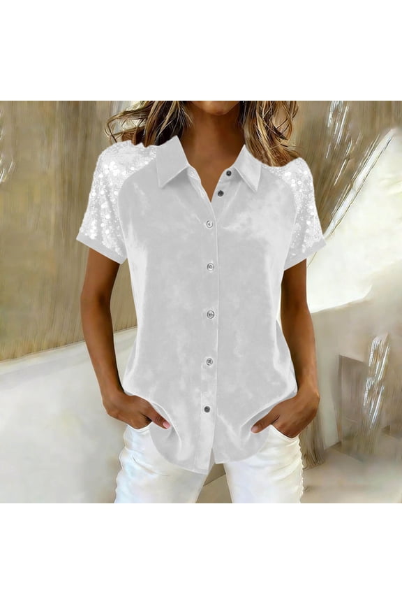 Velvet Shirts for Women Sequin Short Sleeve Collared Tops Party Trendy Button Down Solid Blouses White L