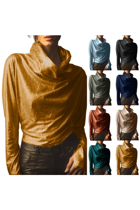 Velvet Turtle Neck Blouse for Women Trendy Elegant Long Sleeve Tops Spring Dressy Solid Slim Fit Shirts
