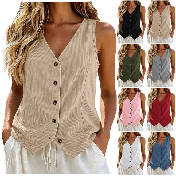 Inverlee Vest Tops for Women Sleeveless V Neck Button Front Corduroy Tank Top Casual Lightweight Daily Office Wear Khaki XXL