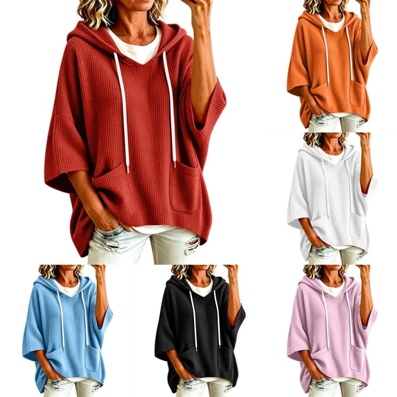 Inverlee Waffle Knit Short Sleeve Hoodies for Women Oversized Drop Shoulder Pullovers Pockets Solid Loose Casual Hooded Tops Red S-XXL