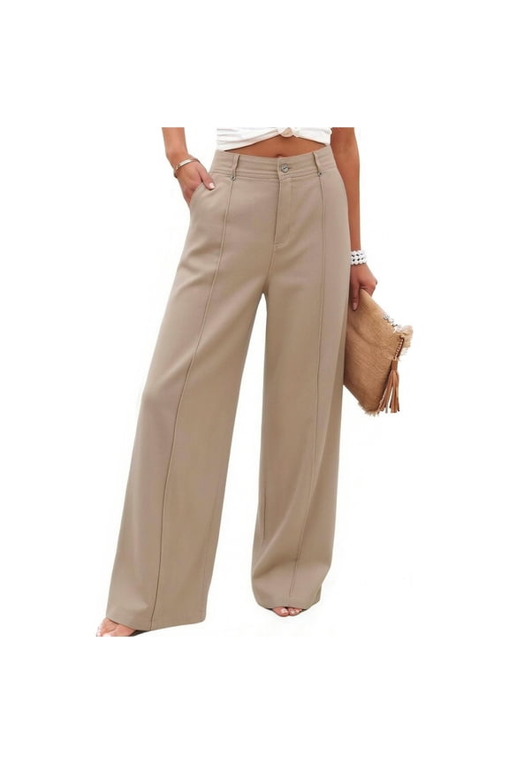 Wide Leg Jean Trousers for Women High Waisted Dressy Denim Pants Office Casual Loose Fit Work Bottoms with Pockets Beige XXL
