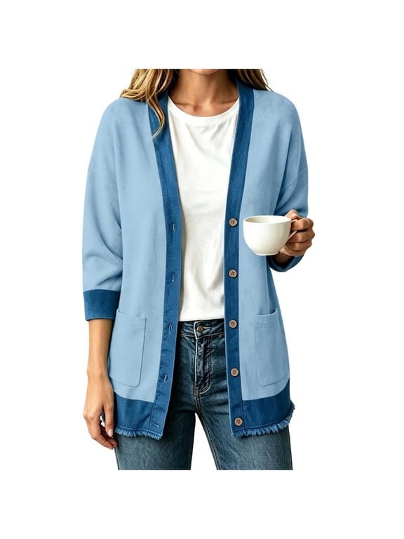 Women Denim Patchwork Knit Cardigan Button Front Top Pocket Casual Sweater Light Blue (S-3XL)
