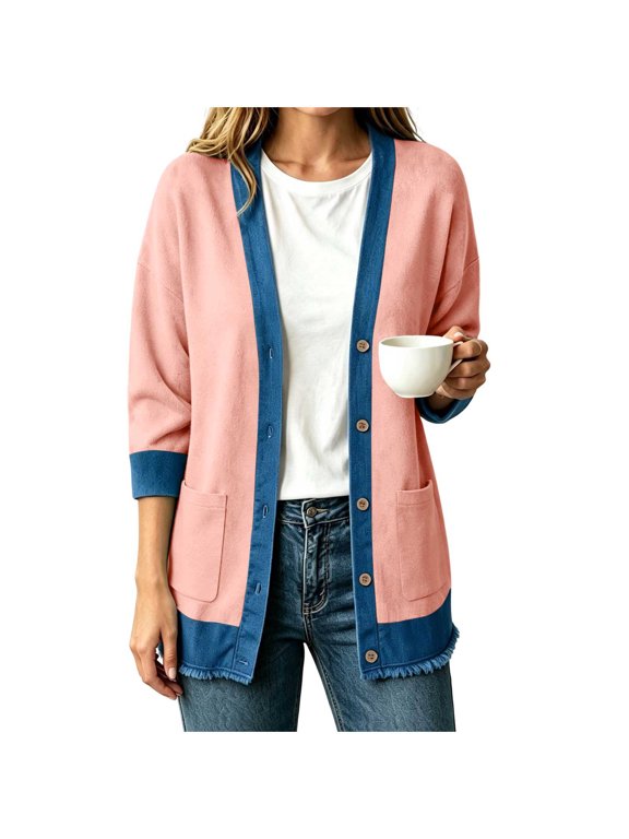 Women Denim Patchwork Knit Cardigan Button Front Top Pocket Casual Sweater Pink (S-3XL)