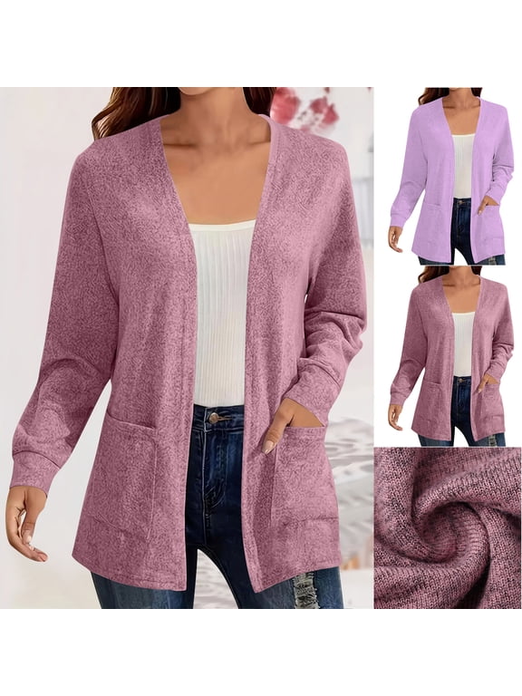 Women Soft Heathered Open Front Knit Cardigan Long Sleeve Patch Pockets Mid Length Sweater Tops S-XXXXXL