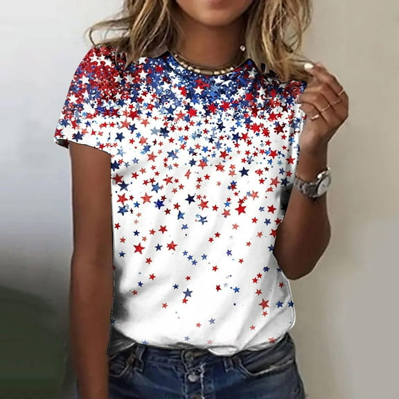 Inverlee Women's 4th of July Shirts Casual Memorial Day Gifts Tshirts Loose Fit Short Sleeve Tees Flowy Round Neck Blouses Tops