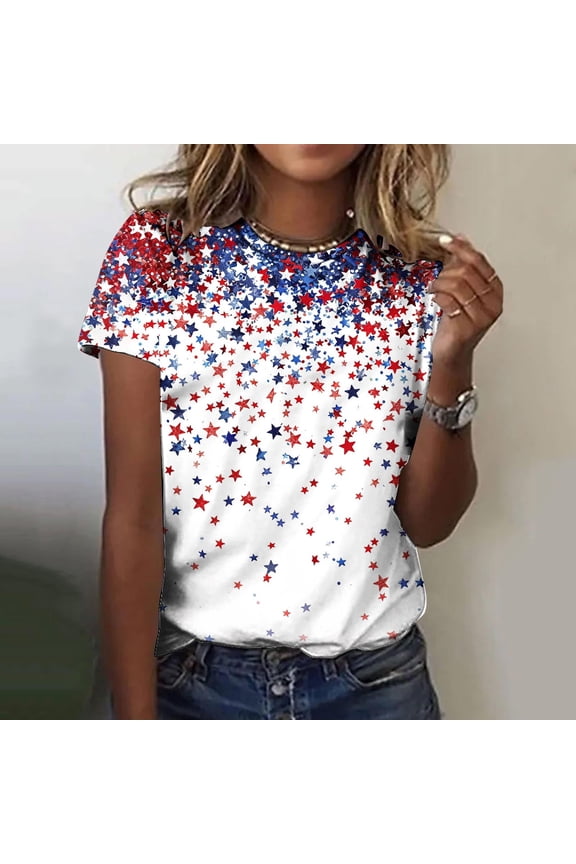 Women's 4th of July Shirts Casual Memorial Day Gifts Tshirts Loose Fit Short Sleeve Tees Flowy Round Neck Blouses Tops
