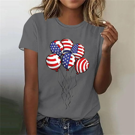 Inverlee Women's 4th of July Shirts Funny Patriotic Red White and Blue Graphic Tshirts Elegant Short Sleeve Tees Flowy Round Neck Blouses Tops