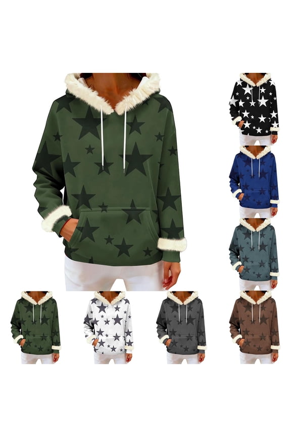 Women's All Over White Star Print Faux Fur Trim Hood Pullover Hoodie Drawstring Kangaroo Pocket Long Sleeve Loose Street Sweatshirt Coffee S