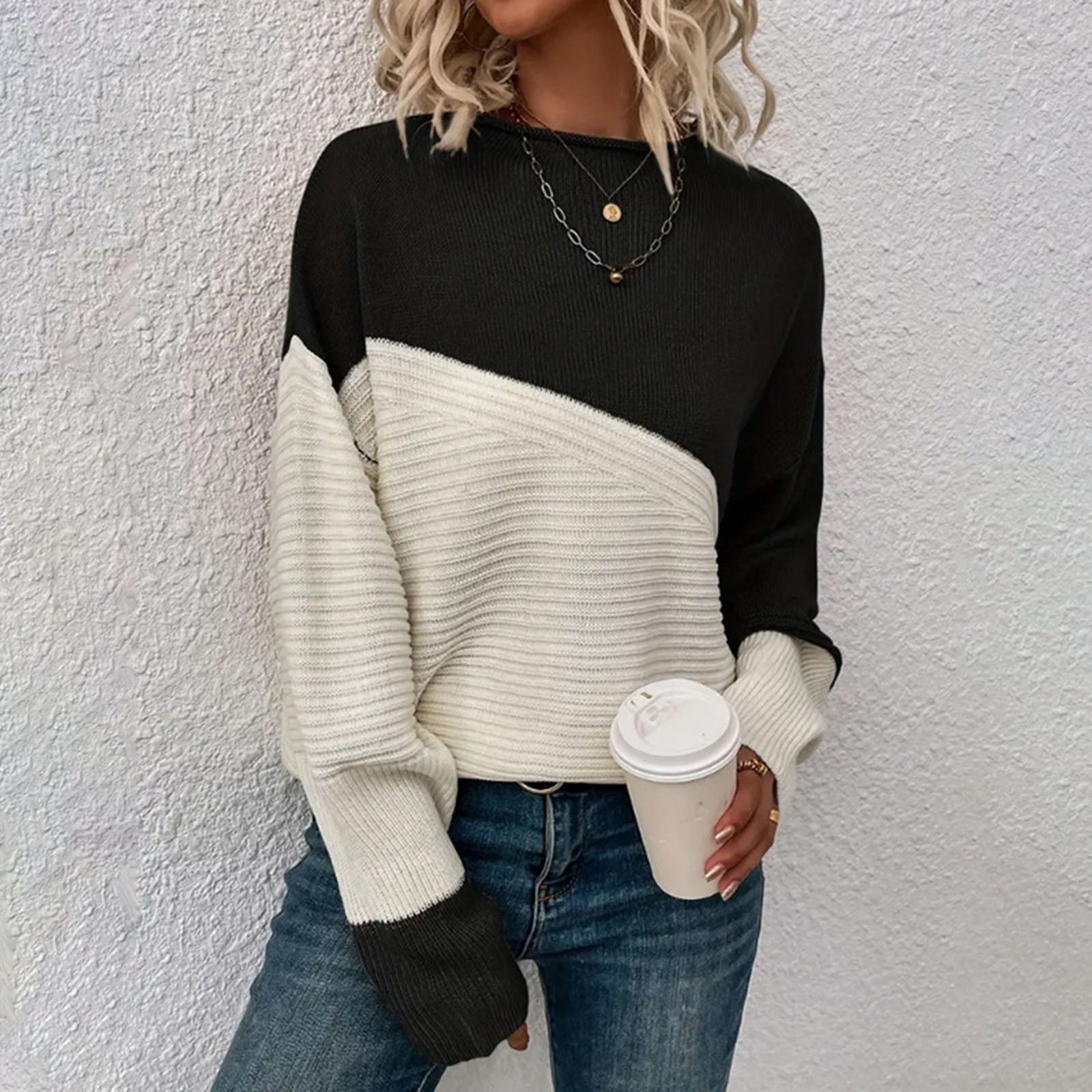 Inverlee Women's Boat Neck Color Block Sweaters Long Sleeve Drop ...