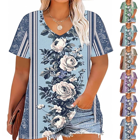 Inverlee Women's Boho Floral Print Plus Size Short Sleeve Shirts Summer Trendy Loose Fit V Neck Tunics Dressy Casual Stretchy Breathable Tops Blouse