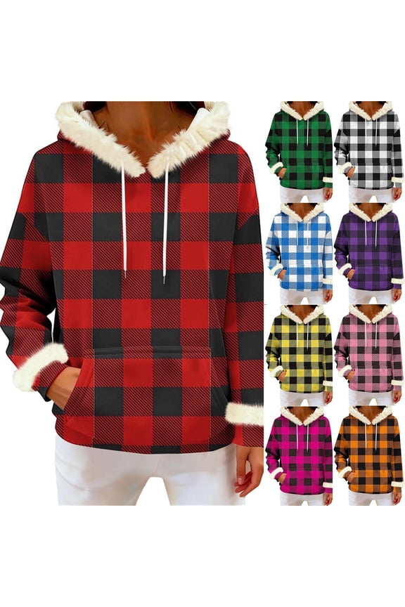 Women's Buffalo Plaid Faux Fur Trim Hood Cuff Pullover Hoodie Drawstring Kangaroo Pocket Long Sleeve Warm Winter Oversized Tops Blue (S-XXL)
