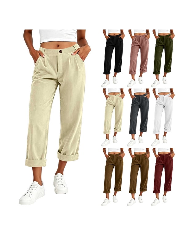 Women's Button Pleated High Waist Cuffed Tapered Pants Dual Side Patch Pockets Relaxed Fit Casual Trousers Pink (S-XXL)