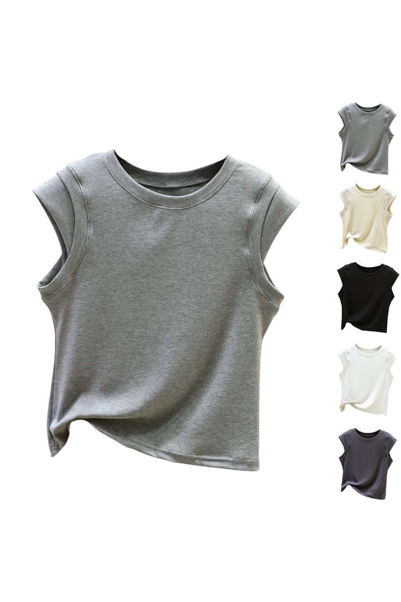 Women's Cap Sleeve Ribbed Blouses Crewneck Crop Tops Casual Streetwear Shirts White M