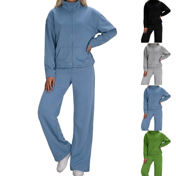 Inverlee Women's Casual Lounge Sets Zip Up Sweatsuits Wide Leg Sweatpants Solid Two Piece Athletic Set