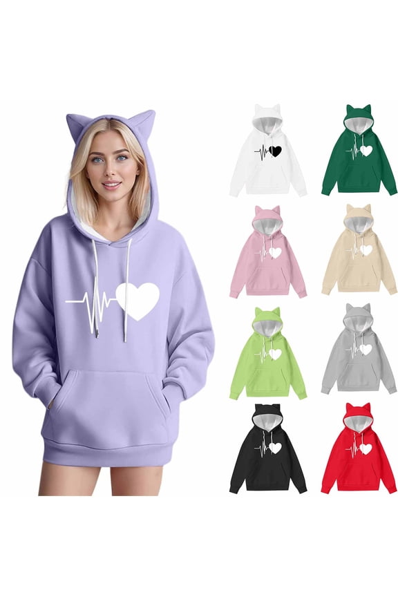 Women's Cat Ear Hooded Pullover Hoodie Heart Electrocardiogram Graphic Print Drawstring Kangaroo Pocket Long Sleeve Teen Girls Tops Army Green XL