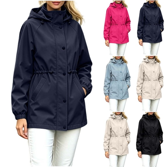 Inverlee Women's Cinched Waist Rain Jacket with Stand Collar Hood Water Resistant Windbreaker with Pockets Beige S