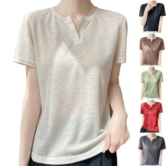 Inverlee Women's Classic V Neck Shirts Solid Casual Short Sleeve Tops Summer Basic Trendy Blouse