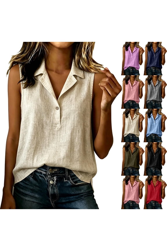 Women's Collared Sleeveless Linen Tops Henley Button Down Solid Shirts Casual Office Loose Fit Blouses Navy L
