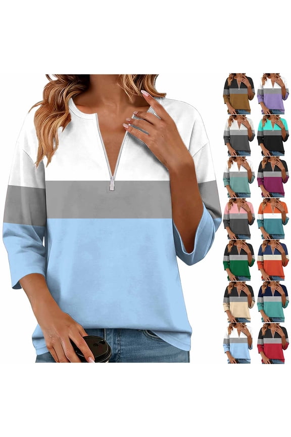 Women's Color Block 3/4 Sleeve Tops Half Zip Casual Trendy V Neck Tees Daily Loose Fit Summer Blouses Army Green XXL