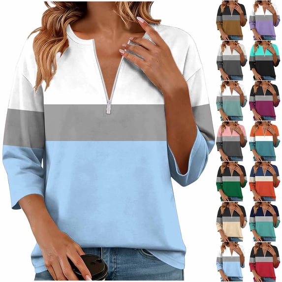 Inverlee Women's Color Block 3/4 Sleeve Tops Half Zip Casual Trendy V Neck Tees Daily Loose Fit Summer Blouses Khaki S