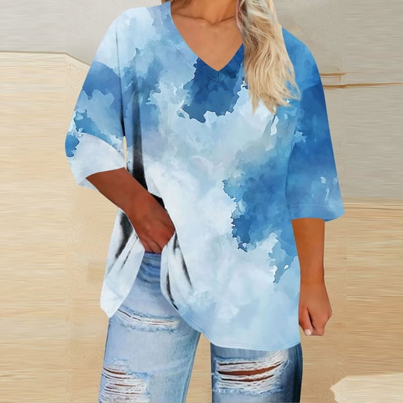 Inverlee Women's Colorful 3/4 Sleeve Shirts Tie-dyed Plus Size Blouse Loose Fit V Neck Tops Summer Casual Tee Shirts