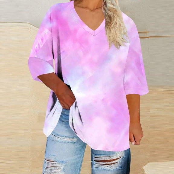 Inverlee Women's Colorful 3/4 Sleeve Shirts Tie-dyed Plus Size Blouse Loose Fit V Neck Tops Summer Casual Tee Shirts