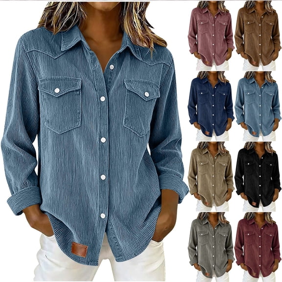 Inverlee Women's Corduroy Long Sleeve Jean Tops Denim Patchwork Button Down Shirts Solid Collared V Neck Blouse with Double Chest Pocket