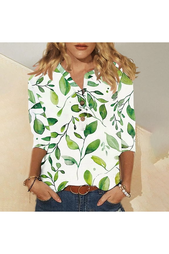 Women's Cotton Linen 3/4 Sleeve Blouses Trendy Leaf Print Button V Neck Tshirts Casual Baggy Breathable Summer Tops