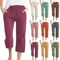 thumbnail image 1 of Inverlee Women's Cotton Linen Breathable Work Capris Plus Size Elastic Waist Bermuda Pants with Drawstring Summer Versatile Lightweight Wide Leg Trousers with Pockets(Available in multiple colors), 1 of 6