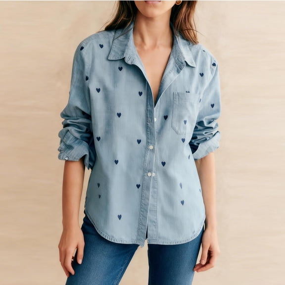 Inverlee Women's Cotton Linen Button Down Shirts Heart Print Long Sleeve Blouses Casual Lapel Collar V Neck Tops