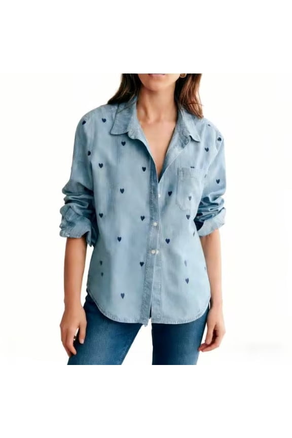 Women's Cotton Linen Button Down Shirts Heart Print Long Sleeve Blouses Casual Lapel Collar V Neck Tops