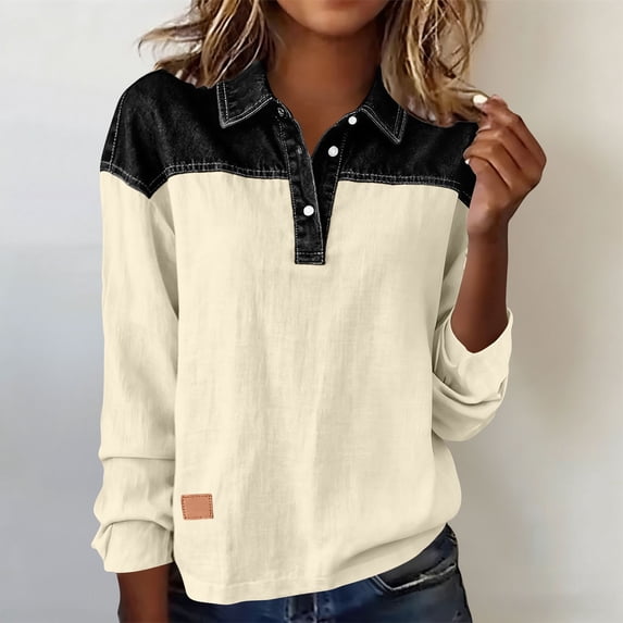 Inverlee Women's Cotton Linen Denim Patchwork Blouse Trendy Long Sleeve Henley Jean Tops Dressy Casual Collared V Neck Shirts
