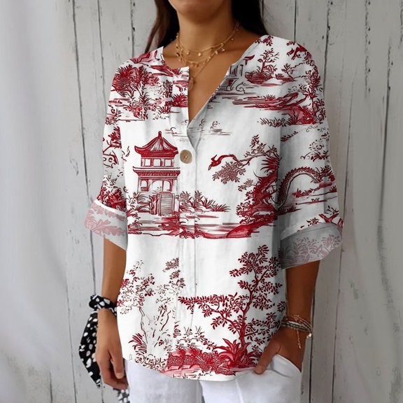 Inverlee Women's Cotton Linen Long Sleeve Shirts Chinese Style Print V Neck Tops Casual Baggy Lightweight Breathable Blouse S-XXXL