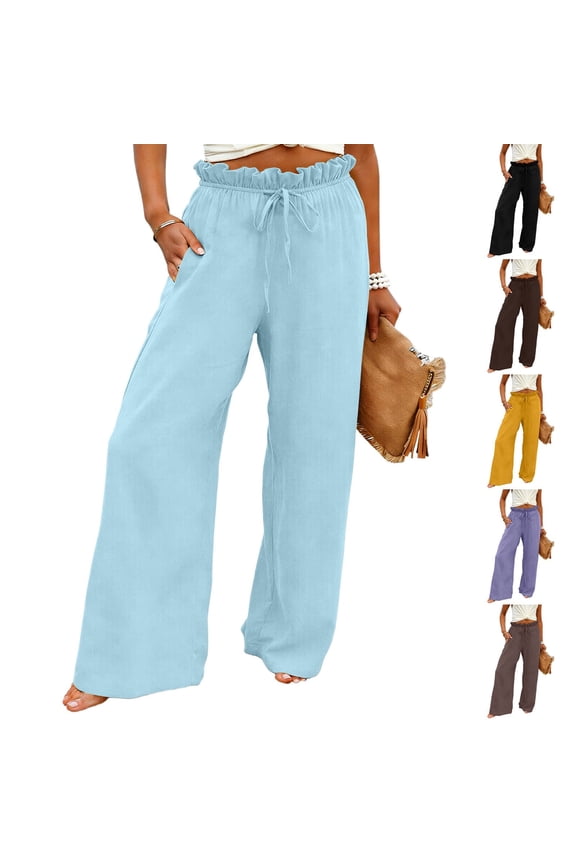 Women's Cotton Linen Palazzo Harem Pants Trendy Solid Ruffle Elastic High Waist Drawstring Trousers Casual Baggy Wide Leg Going Out Bottoms with Pockets