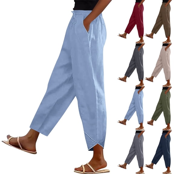 Inverlee Women's Cotton Linen Palazzo Pants Trendy Solid Elastic High Waist Drawstring Bottoms Summer Casual Breathable Comfy Trousers with Pockets