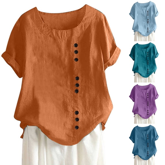 Inverlee Women's Cotton Linen Plus Size Tees Summer Casual Short Sleeve Crewneck Tshirts Trendy Solid Color Relax Fit Tops with Button Decoration