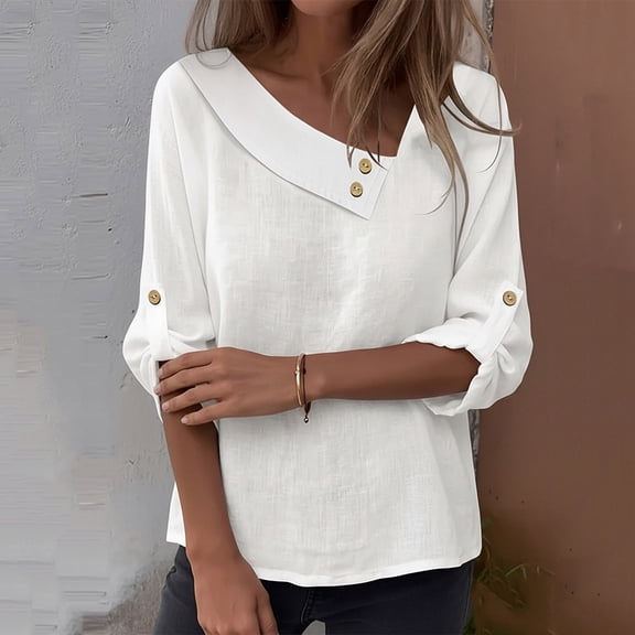 Inverlee Women's Cotton Linen Roll up 3/4 Sleeve Blouse Trendy Asymmetrical Collar Solid Color Work Shirts Casual Loose Fit Breathable Tops with Button Decoration