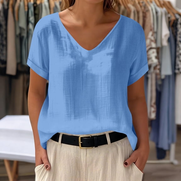 Inverlee Women's Cotton Linen Short Sleeve Shirts Summer Dressy Casual V Neck Tops Trendy Solid Loose Fit Blouse