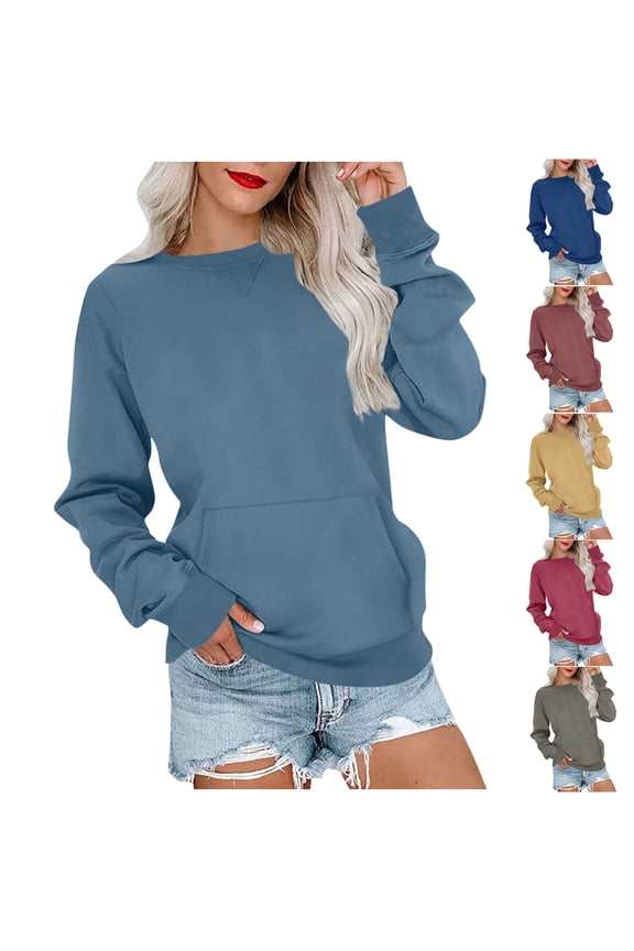 Women's Crew Neck Pullover Sweatshirt Front Kangaroo Pocket Triangle Stitch Detail Long Sleeve Loose Daily Tops Gray S